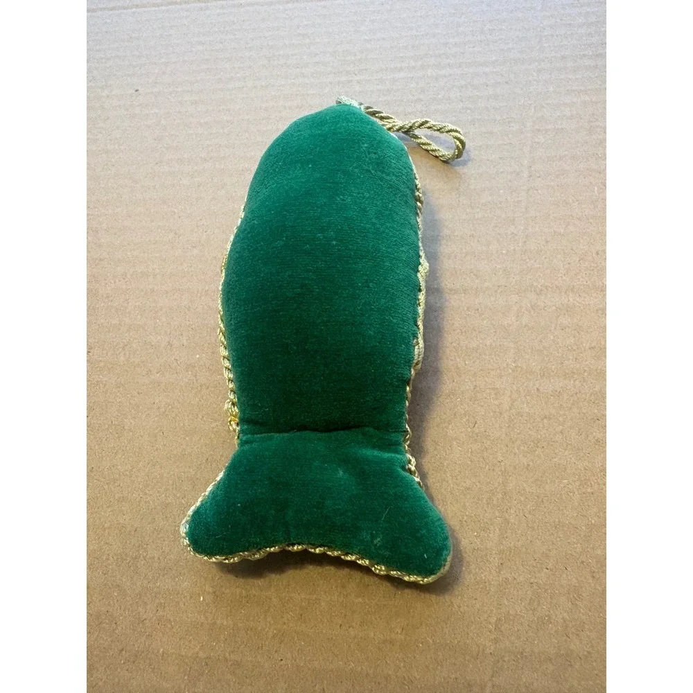 Vintage Fish Kitty Plush Ornament Red Green Gold Cord Cat‎ Toy Holiday Decor